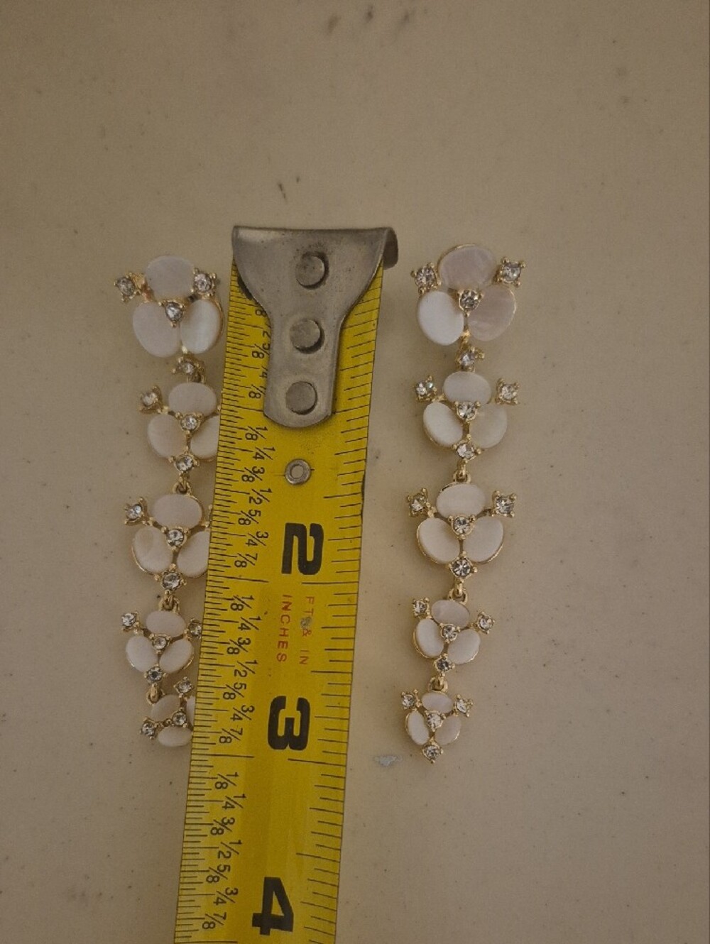 Gold and White Floral Drop Earrings - Women Jewelry - Picture 3 of 3